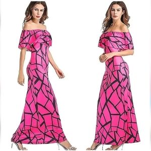 Pink Geometric Off-Shoulder Maxi Dress